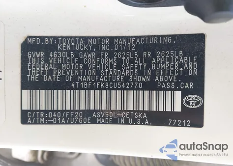 2012 Toyota Camry Se from USA, damaged, VIN 4T1BF1FK8CU542770